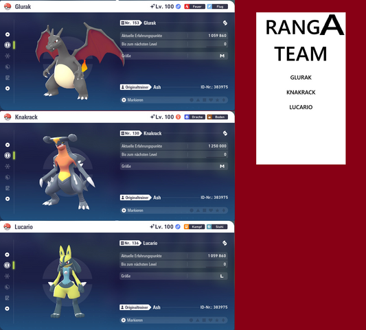 Ranked Team Nr. 1: #006 Glurak #445 Knakrack #448 Lucario PVP ZA